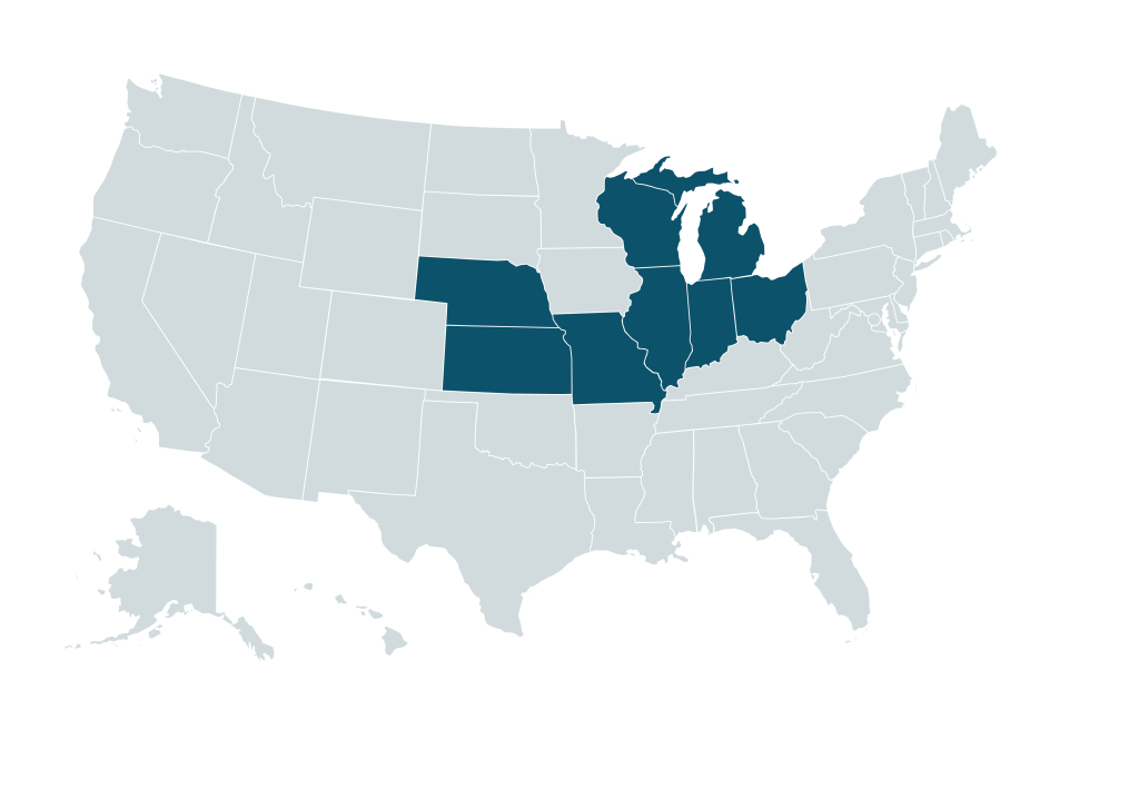 Map of the USA showing 8 states in VantagePointe Blue to show which states VantagePointe has offices in.